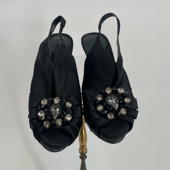 Moda Spana Black Satin Peep Toe Slingback Heels With Rhinestone Embellishment - Picture 2 of 13